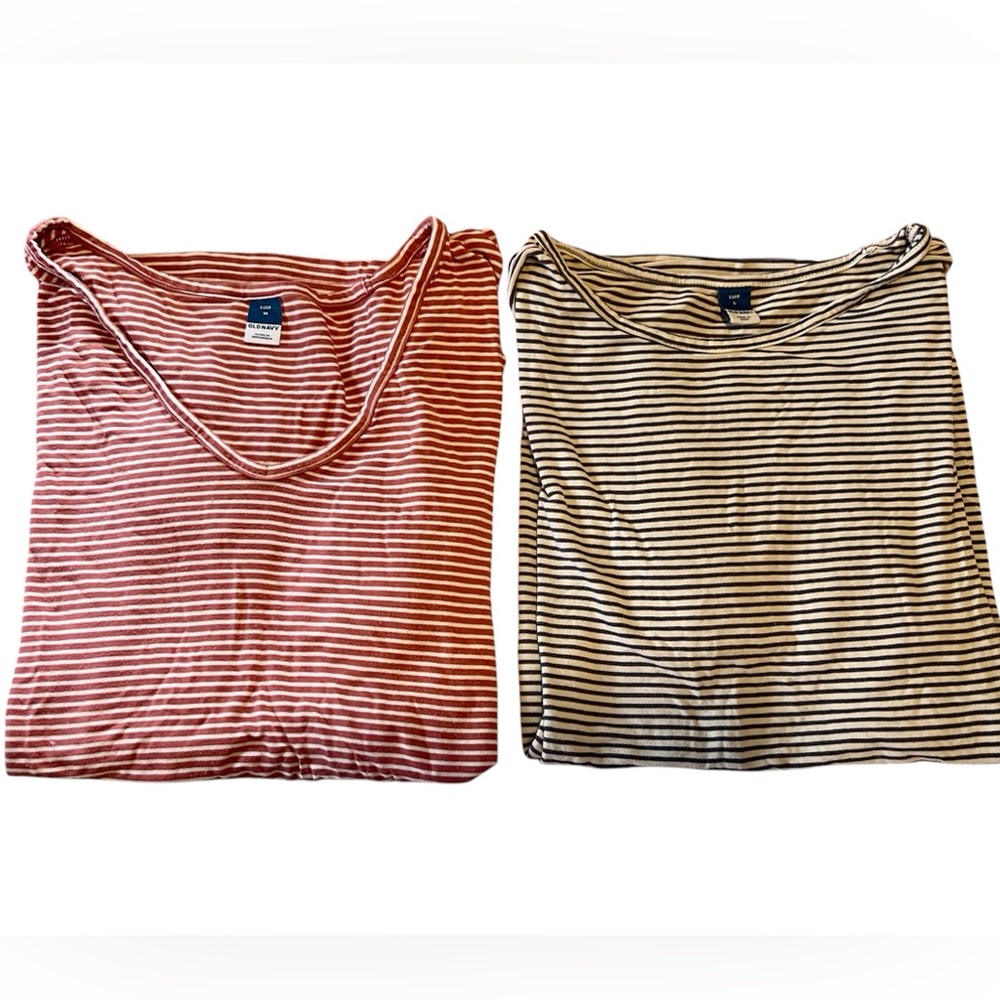Bundle of Two Old Navy Luxe Striped Tees - 1 Medium (V) and 1 Large (Crew)